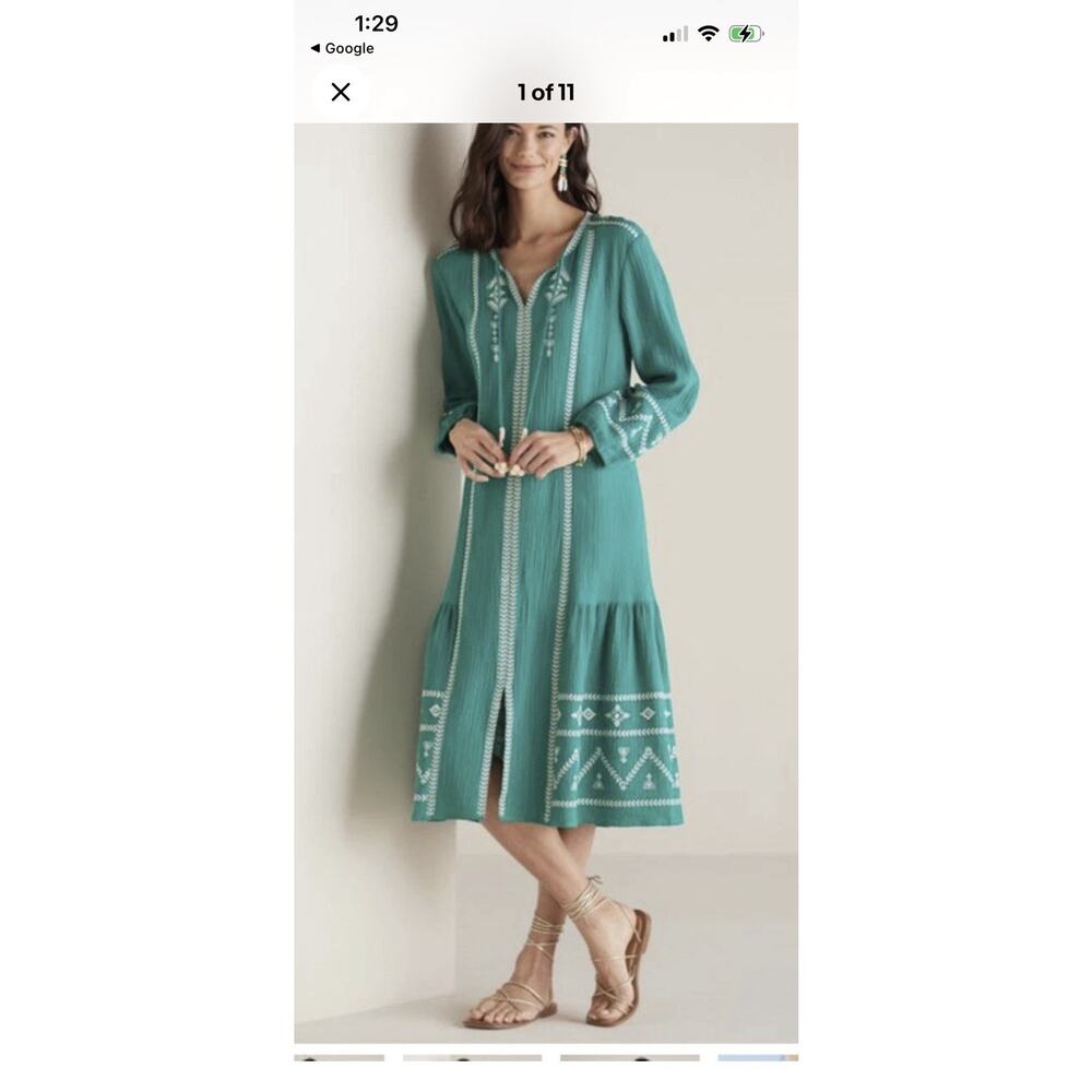 Soft Surroundings Jolie Embroidered Midi Dress Tropical Green Size 1X Boho Gauzy